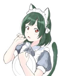 Rule 34 | 1girl, absurdres, alternate costume, animal ears, apron, black dress, cat ears, cat tail, curetortellini, dress, enmaided, fang, frilled apron, frills, green hair, highres, holding, holding plate, looking at viewer, love live!, love live! nijigasaki high school idol club, maid, maid apron, maid headdress, mifune shioriko, open mouth, plate, puffy short sleeves, puffy sleeves, red eyes, short hair, short sleeves, swept bangs, tail, upper body, white apron
