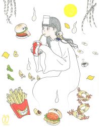 Rule 34 | 1girl, awai880, black eyes, blunt bangs, bright pupils, burger, cup, drinking, drinking straw, egg (food), food, french fries, ghost, grey hair, highres, long hair, long sleeves, onion rings, original, pickle, signature, solo, sunny side up egg, white background, white pupils, wide sleeves