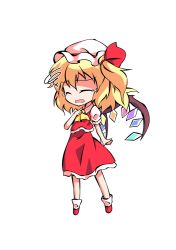 Rule 34 | 1girl, ascot, blonde hair, chibi, clip studio paint (medium), closed eyes, collared dress, crying, crystal, dairi, dress, flandre scarlet, frills, full body, hair between eyes, hair ribbon, hand up, hat, jewelry, mob cap, multicolored wings, one side up, open mouth, puffy short sleeves, puffy sleeves, red dress, red footwear, red ribbon, ribbon, shirt, shoes, short hair, short sleeves, simple background, socks, solo, standing, tachi-e, tears, touhou, transparent background, white background, white hat, white shirt, white socks, wings, yellow ascot