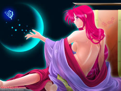 Rule 34 | 1girl, 2009, back, barefoot, blush, breasts, bug, butterfly, female focus, galge.com, bug, kuonji hodaka, long hair, moon, original, pink hair, red hair, solo, topless, traditional clothes, wallpaper
