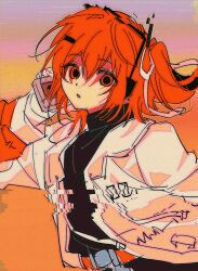 Rule 34 | 1girl, 3c1 (75kg70kg), a.i. voice, adachi rei, belt, black shirt, commentary request, empty eyes, floating hair, gloves, gradient background, hair ornament, hair ribbon, hairclip, hand up, headphones, holding, jacket, looking at viewer, netsu ijou (utau), one side up, open clothes, open jacket, open mouth, orange background, orange belt, orange eyes, orange hair, ribbon, shirt, solo, turtleneck, turtleneck shirt, upper body, utau, vhs artifacts, white gloves, white jacket, white ribbon