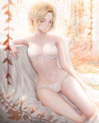 Rule 34 | 1girl, annie leonhart, blonde hair, blue eyes, blurry, blurry background, bra, breasts, commentary, english commentary, highres, jewelry, lingerie, looking at viewer, mcdobo, medium breasts, navel, panties, parted bangs, parted lips, ring, shingeki no kyojin, short hair, solo, thighs, underwear, white bra, white panties