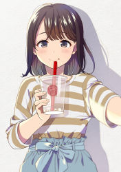 Rule 34 | 1girl, beige shirt, blush, brown eyes, brown hair, closed mouth, commentary request, cup, disposable cup, drinking straw, hand up, holding, holding cup, long sleeves, looking at viewer, mattaku mousuke, medium hair, milk tea, multicolored clothes, original, outstretched arm, shadow, shirt, smile, solo, striped clothes, striped shirt, tareme, upper body, wall, white background, white shirt