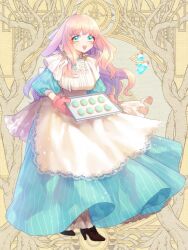Rule 34 | 1girl, :d, animal ears, apron, aqua eyes, baking sheet, blue dress, breasts, brooch, brown footwear, center frills, cookie, cross-laced footwear, dairoku ryouhei, double-parted bangs, dress, drink me, food, frilled apron, frills, full body, head scarf, high heels, holding, holding tray, jewelry, lace-trimmed apron, lace trim, large breasts, long dress, long hair, looking at viewer, lop rabbit ears, open mouth, oven mitts, pink hair, pinstripe dress, pinstripe pattern, puffy sleeves, rabbit ears, rabbit girl, shizuya (szy tw), shoes, sleeves past elbows, smile, solo, standing, teeth, thick lips, tray, upper teeth only, vial, wavy hair, white apron, yellow background