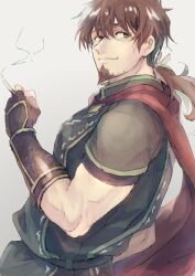 Rule 34 | 1boy, belt, brown eyes, brown gloves, brown hair, cape, cigarette, closed mouth, facial hair, fate/grand order, fate (series), gloves, goatee, green tunic, hair between eyes, hair ribbon, hector (fate), highres, long hair, male focus, ponytail, red cape, ribbon, shirt, short sleeves, simple background, smoke, smoking, tumikilondon5, white shirt