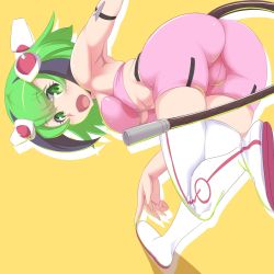 Rule 34 | 10s, 1girl, android, arm strap, ass, bent over, bike shorts, black hair, boots, breasts, cable, cable tail, dimension w, female focus, green eyes, green hair, headgear, katuhata, large breasts, looking at viewer, matching hair/eyes, mechanical tail, multicolored hair, open mouth, pink shorts, short hair, shorts, simple background, solo, streaked hair, tail, thighhighs, two-tone hair, white footwear, white thighhighs, yurizaki mira