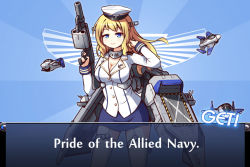 Rule 34 | 10s, 1girl, aircraft, airplane, blonde hair, blue eyes, breasts, cleavage, command &amp; conquer: red alert 2, command &amp; conquer, english text, fighter jet, garter straps, hat, jet, kantai collection, langbazi, large breasts, long hair, mecha musume, military, military uniform, military vehicle, personification, solo, thighhighs, uniform