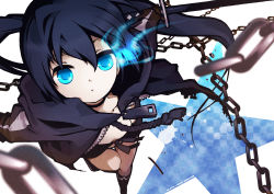 Rule 34 | 10s, 1girl, absurdres, bikini, bikini top only, black hair, black rock shooter, black rock shooter (character), blue eyes, boots, chain, coat, female focus, flat chest, from above, glowing, glowing eyes, highres, long hair, n:go, shorts, solo, swimsuit, sword, twintails, very long hair, weapon