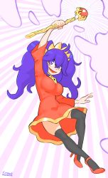 Rule 34 | 1girl, @ @, absurdres, ahoge, alternate breast size, alternate costume, arm up, artist name, ashley (warioware), ashley (warioware) (cosplay), black thighhighs, breasts, combos &amp; doodles, cosplay, creatures (company), dress, female focus, full body, game freak, headband, hex maniac (pokemon), high heels, highres, holding, holding staff, large breasts, long hair, long sleeves, looking up, magic, matching hair/eyes, nintendo, npc trainer, open mouth, poke ball symbol, pokemon, pokemon xy, purple eyes, purple hair, red dress, red footwear, shoes, signature, simple background, skindentation, smile, solo, staff, sunburst, thighhighs, thighs, twintails, two-tone background, warioware