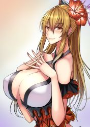 Rule 34 | 10s, 1girl, bare shoulders, blonde hair, blush, bow, breast suppress, breasts, brown eyes, cleavage, crossed fingers, flower, gradient background, granblue fantasy, hair between eyes, hair bow, hair flower, hair ornament, hibiscus, huge breasts, interlocked fingers, long hair, looking at viewer, mugenshiki, ponytail, simple background, smile, solo, upper body, vira (granblue fantasy)