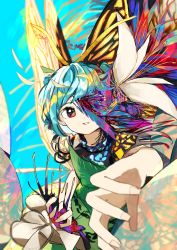 Rule 34 | 1girl, abstract, absurdres, aqua hair, butterfly wings, dark, dress, eternity larva, flower, green dress, hair flower, hair ornament, highres, insect wings, leaf, leaf clothing, light blue background, light smile, lily (flower), looking at viewer, neruzou, outstretched hand, red eyes, short hair, touhou, wings