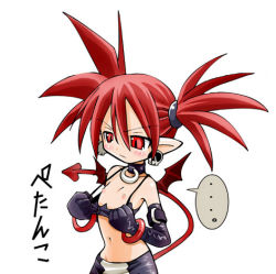 Rule 34 | 1girl, bat wings, blush, bra, bra pull, bracelet, choker, clothes pull, demon girl, disgaea, earrings, elbow gloves, etna (disgaea), flat chest, gloves, jewelry, lingerie, lowres, nippon ichi, pointy ears, red eyes, red hair, solo, tail, twintails, underwear, wings