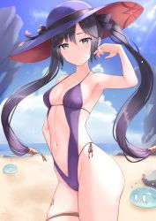 Rule 34 | 1girl, adapted costume, arm up, armpits, bare arms, bare shoulders, beach, black choker, black hair, blue eyes, breasts, center opening, choker, contrapposto, cowboy shot, genshin impact, groin, hair ribbon, hand on own hip, hat, highres, long hair, looking at viewer, marinesnow, mona (genshin impact), navel, one-piece swimsuit, outdoors, purple hat, purple one-piece swimsuit, ribbon, skindentation, slime, small breasts, smile, smug, solo, spaghetti strap, standing, stomach, sun hat, sunlight, swimsuit, thigh strap, thighs, twintails, very long hair