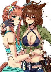 Rule 34 | 2girls, absurdres, agnes tachyon (lunatic lab) (umamusume), agnes tachyon (umamusume), animal ears, aqua eyes, bikini, black gloves, blunt bangs, blush, breasts, brown eyes, brown hair, cleavage, collarbone, ear ornament, flat chest, gloves, green jacket, highres, horse ears, horse girl, horse tail, jacket, kuya (hey36253625), large breasts, looking at another, multiple girls, navel, official alternate costume, official alternate hairstyle, orange hair, silence suzuka (emerald on the waves) (umamusume), silence suzuka (umamusume), smile, swimsuit, tail, umamusume, white background