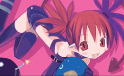 Rule 34 | 00s, 1girl, bomb, boots, demon girl, disgaea, etna (disgaea), explosive, gloves, happy, harada takehito, lowres, makai senki disgaea, makai senki disgaea 2, nippon ichi, pink background, pointy ears, prinny, red eyes, red hair, solo, tail, thighhighs, wings