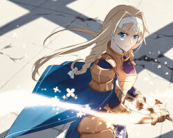 Rule 34 | 1girl, alice zuberg, armor, armored dress, blonde hair, blue cape, blue eyes, bow, braid, braided ponytail, cape, closed mouth, commentary, crack, cracked floor, drawing sword, energy, fantasy, fighting stance, floating hair, gauntlets, glowing, glowing sword, glowing weapon, gold armor, hair bow, hairband, holding, holding sword, holding weapon, knight, long hair, looking at viewer, low-tied long hair, osmanthus blade, petals, serious, shadow, sheath, sheathed, shoulder armor, solo, standing, sword, sword art online, sword art online: alicization, weapon, white bow, white hairband, yakisobaosu