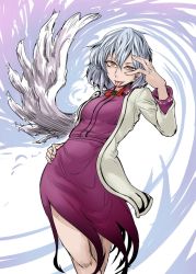 Rule 34 | 1girl, hand on own hip, hand over eye, kishin sagume, red eyes, single wing, solo, tongue, tongue out, toritora, touhou, uneven eyes, white hair, wings