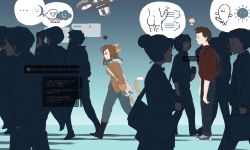 Rule 34 | 1boy, 1girl, :3, :|, animal ears, backpack, bag, blue eyes, boots, brown eyes, brown hair, cat, cat ears, cat tail, closed mouth, crowd, drone, english text, erection, glasses, gradient background, grey background, hands in pockets, headphones, heads-up display, hetero, highres, iichan.ru, non-web source, original, penis, people, quadcopter, russian text, shoes, simple background, sneakers, solo focus, standing, tail, thought bubble, unmanned aerial vehicle, walking