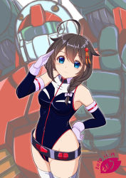 Rule 34 | 1girl, ahoge, artist logo, belt, black hair, black leotard, blue eyes, braid, breasts, cosplay, cowboy shot, dated, elbow gloves, gloves, guncannon, gundam, gundam card builder, hair flaps, hair ornament, hair over shoulder, kantai collection, leotard, long hair, looking at viewer, mecha, moke ro, multicolored clothes, multicolored gloves, race queen, red gloves, reiko holinger, reiko holinger (cosplay), robot, salute, shigure (kancolle), single braid, small breasts, solo, standing, zoom layer