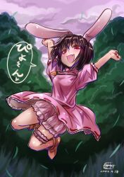 Rule 34 | 1girl, absurdres, animal ears, arms up, blush, breasts, brown footwear, carrot necklace, cloud, commentary request, dated, dress, falling leaves, floppy ears, frilled sleeves, frills, full body, grass, hair between eyes, highres, inaba tewi, jewelry, jumping, leaf, looking at viewer, necklace, open mouth, outdoors, pink dress, pink sky, puffy short sleeves, puffy sleeves, rabbit ears, rabbit girl, red eyes, ribbon-trimmed dress, shoes, short hair, short sleeves, sky, small breasts, smile, solo, thigh strap, touhou, translation request, tree, yuuki hiyayako