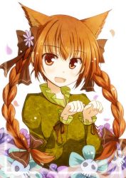 Rule 34 | 1girl, animal ears, arms up, blush, bow, braid, brown eyes, brown hair, cat ears, cat girl, dress, extra ears, fang, female focus, flower, framed, green dress, hair bow, hair flower, hair ornament, hair ribbon, highres, kaenbyou rin, long hair, mashayuki, open mouth, paw pose, petals, revision, ribbon, skull, smile, solo, touhou, twin braids, upper body