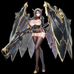Rule 34 | 1girl, black background, black hair, black wyrm (last origin), blush, boots, braid, breasts, breasts out, bridal gauntlets, cleavage cutout, cleft of venus, clothing cutout, corset, feet, female focus, full body, garter straps, groin, gun, headgear, high heel boots, high heels, holding, holding weapon, large breasts, last origin, legs, light blush, long hair, looking at viewer, low-tied long hair, machinery, maid, maid headdress, nipples, no panties, open mouth, pussy, pussy juice, pussy juice trail, red eyes, see-through, shield, single braid, solo, standing, tachi-e, taesi, thigh boots, thighhighs, thighs, third-party edit, uncensored, weapon, wet