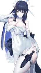 Rule 34 | 1girl, blue archive, breasts, cleavage, dress, earrings, elbow gloves, gloves, hair ornament, highres, holster, jewelry, knife sheath, large breasts, long hair, looking at viewer, saori (blue archive), saori (dress) (blue archive), sheath, solo, thigh holster, thighhighs, thighs, toba kuti, white background, white dress, white gloves, white thighhighs