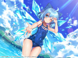 Rule 34 | 1girl, blue eyes, blue hair, blue one-piece swimsuit, blush, bow, breasts, cirno, copyright notice, covered navel, fairy wings, hair bow, highres, ice, ice wings, kouzuki tsubasa (musou kaidou), looking at viewer, name tag, official art, old school swimsuit, one-piece swimsuit, one eye closed, outdoors, school swimsuit, shiny skin, short hair, skindentation, small breasts, solo, standing, swimsuit, touhou, touhou danmaku kagura, wet, wet clothes, wet swimsuit, wings