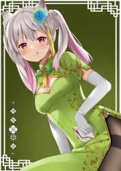 Rule 34 | 1girl, animal ear fluff, animal ears, blue flower, braid, breasts, brown pantyhose, china dress, chinese clothes, cleavage, commentary request, dress, dutch angle, elbow gloves, flower, gloves, green background, green dress, grey hair, hair flower, hair ornament, holding, indie virtual youtuber, medium breasts, multicolored hair, natsume eri, natsume eri (vtuber), pantyhose, pink hair, red eyes, short sleeves, solo, streaked hair, thighband pantyhose, twintails, twintails day, virtual youtuber, white gloves