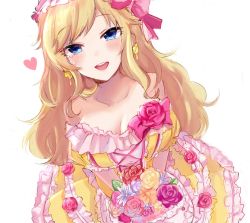Rule 34 | 1girl, :d, asagimu (tsuktsuk), bare shoulders, blonde hair, blue eyes, blush, bouquet, breasts, cleavage, dress, dutch angle, earrings, flower, frilled dress, frills, hair ribbon, heart, idolmaster, idolmaster cinderella girls, jewelry, large breasts, long hair, looking at viewer, ohtsuki yui, open mouth, pink dress, ribbon, rose, smile, solo