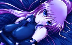 Rule 34 | 1girl, blue eyes, breasts, covered erect nipples, fingerless gloves, gloves, highres, laevatein (nanoha), large breasts, long hair, lyrical nanoha, mahou shoujo lyrical nanoha, mahou shoujo lyrical nanoha a&#039;s, ponytail, purple hair, signum, solo, sword, tappa (esperanza), weapon