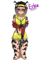 Rule 34 | absurdres, antennae, arthropod girl, blonde hair, breasts, brown hair, claws, cleavage, cosplay, cpt.tester works, erica (cpt.tester), faye valentine, full body, gun, handgun, headband, highres, hotpants, jacket, looking at viewer, makarov pm, multicolored hair, pistol, purple eyes, shell, tattoo, weapon