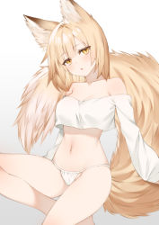 Rule 34 | 1girl, animal ear fluff, animal ears, bare legs, bare shoulders, blonde hair, breasts, cleavage, collarbone, commentary request, crop top, crop top overhang, fox ears, fox girl, fox tail, gradient background, grey background, head tilt, long sleeves, looking at viewer, medium breasts, narusegawa riko, navel, no pants, off-shoulder shirt, off shoulder, original, panties, parted lips, shirt, short hair, slit pupils, solo, stomach, tail, thighs, underwear, white background, white panties, white shirt, yellow eyes