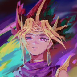Rule 34 | 1boy, atem, blonde hair, closed mouth, commentary, earrings, egyptian, eyelashes, hejia abby, jewelry, light smile, looking down, male focus, multicolored hair, portrait, purple eyes, red hair, solo, spiked hair, yu-gi-oh!