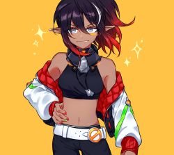 Rule 34 | 1girl, astrid remond, astrid remond (fire), black hair, breasts, colored tips, crop top, dark-skinned female, dark skin, green nails, highres, jacket, looking at viewer, lord of heroes, midriff, multicolored hair, multicolored nails, nail polish, navel, pointy ears, ponytail, purple eyes, red hair, red nails, ryoung476