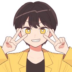 Rule 34 | 1boy, black hair, bright pupils, commission, double v, emma (kumaema), highres, jacket, long sleeves, looking at viewer, original, parted lips, pixiv commission, shadow, short hair, simple background, smile, solo, upper body, v, white background, white pupils, yellow eyes, yellow jacket