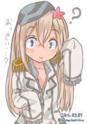 Rule 34 | 10s, :&gt;, absurdres, admiral (kancolle) (cosplay), alternate costume, blonde hair, blue eyes, commentary request, cosplay, flower, hair flower, hair ornament, hat, highres, jigsaw (iori), kantai collection, legs, long sleeves, military, military hat, military uniform, one-piece tan, ro-500 (kancolle), tan, tanline, twitter username, uniform