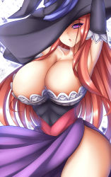Rule 34 | 1girl, armpits, arms up, bad id, bad pixiv id, breasts, cleavage, dragon&#039;s crown, hat, hat over one eye, huge breasts, large breasts, long hair, mikan (5555), one eye covered, purple eyes, red hair, side slit, solo, sorceress (dragon&#039;s crown), witch hat