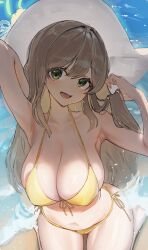 Rule 34 | 1girl, absurdres, apopo, beach, bikini, blonde hair, blue archive, blush, breasts, green eyes, green halo, halo, hat, highres, large breasts, looking at viewer, nonomi (blue archive), nonomi (swimsuit) (blue archive), open mouth, side-tie bikini bottom, sitting, solo, swimsuit, water, white hat, yellow bikini