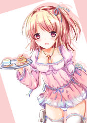 Rule 34 | 1girl, :d, blue panties, blue ribbon, blush, breasts, brown background, brown hair, cake, cake slice, collarbone, colored shadow, commentary request, cup, dress, drop shadow, flower, food, fork, hair ribbon, hand up, holding, holding tray, juliet sleeves, long sleeves, medium breasts, no shoes, one side up, open mouth, original, panties, pink dress, puffy sleeves, red eyes, red flower, ribbon, saucer, shadow, shihou haru, smile, solo, spoon, standing, standing on one leg, teacup, thighhighs, tray, two-tone background, underwear, white background, white thighhighs