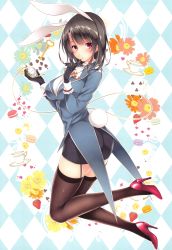 Rule 34 | 1girl, absurdres, alice in wonderland, animal ears, argyle, argyle background, argyle clothes, ayase hazuki, black gloves, black hair, black skirt, black thighhighs, blush, breasts, buttons, cosplay, detached sleeves, food, frills, fruit, full body, garter belt, gloves, high heels, highres, holding, kantai collection, long sleeves, medium breasts, medium hair, pencil skirt, pocket watch, rabbit ears, rabbit tail, red eyes, red footwear, shiny skin, skirt, solo, strawberry, tail, takao (kancolle), thighhighs, watch, white rabbit (alice in wonderland), white rabbit (cosplay), zettai ryouiki