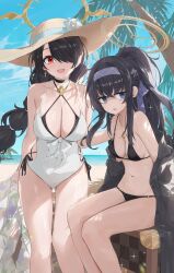 Rule 34 | 2girls, bare shoulders, beach, bikini, black bikini, black hair, blue archive, blue eyes, blue sky, blush, braid, braided ponytail, breasts, casual one-piece swimsuit, choker, cleavage, collarbone, dema hmw, earrings, grey sweater, hair over one eye, hairband, halo, hat, highres, hinata (blue archive), hinata (swimsuit) (blue archive), jewelry, large breasts, long hair, long sleeves, looking at viewer, multiple girls, navel, necklace, one-piece swimsuit, open clothes, open mouth, palm tree, ponytail, red eyes, shore, sidelocks, sitting, sky, small breasts, smile, sun hat, sweater, swept bangs, swimsuit, thighs, tree, ui (blue archive), ui (swimsuit) (blue archive), very long hair, white one-piece swimsuit, yellow headwear