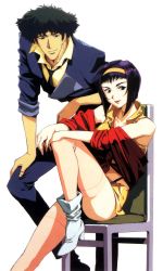Rule 34 | 1990s (style), 1boy, 1girl, black hair, boots, brown eyes, brown hair, chair, cowboy bebop, faye valentine, formal, green eyes, hairband, highres, leaning, lipstick, looking at viewer, makeup, manly, midriff, necktie, official art, purple hair, red sweater, scan, shirt, shoes, shorts, sitting, smile, spike spiegel, suit, sweater, thighhighs, transparent background, white background, white footwear, yellow shirt