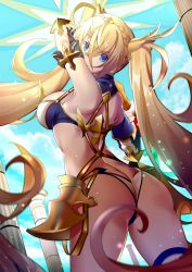 Rule 34 | &gt;:), 1girl, absurdres, armor, armpits, artist request, ass, back, bare shoulders, blonde hair, blue eyes, blue sky, bradamante (fate), bradamante (third ascension) (fate), braid, breasts, butt crack, cameltoe, fate/grand order, fate (series), faulds, from behind, from below, gloves, hair between eyes, highres, large breasts, long hair, looking at viewer, looking back, looking down, shiny clothes, shiny skin, sideboob, sidelocks, sky, smile, solo, standing, thigh strap, thong, twintails, very long hair, weapon