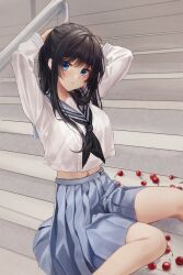 Rule 34 | 1girl, 1yu x, ahoge, arms behind head, arms up, black hair, black neckerchief, blue sailor collar, blue skirt, blush, breasts, cherry, closed mouth, commentary, crop top, crop top overhang, english commentary, feet out of frame, food, fruit, handrail, highres, long hair, long sleeves, looking at viewer, medium breasts, midriff, mole, mole under mouth, navel, neckerchief, original, pleated skirt, sailor collar, school uniform, serafuku, shirt, sidelocks, sitting, sitting on stairs, skirt, solo, stairs, thighs, white shirt