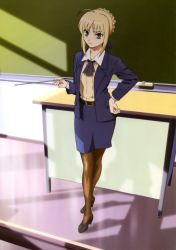 Rule 34 | 00s, 1girl, absurdres, ahoge, alternate costume, artoria pendragon (all), artoria pendragon (fate), ascot, belt, belted, belted dress, black pantyhose, blonde hair, board eraser, chalkboard, clasped dress, desk, dress, fate/stay night, fate (series), formal, green eyes, hair ribbon, hand on own hip, high heels, highres, hip focus, pantyhose, pencil skirt, pointer, ribbon, saber (fate), scan, shoes, skirt, skirt suit, solo, standing, suit, suzuki hirofumi, teacher, tight clothes, tight dress