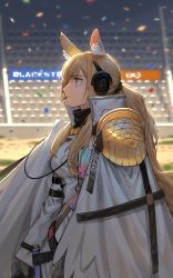 Rule 34 | 1girl, animal ear fluff, arknights, armor, black scarf, blonde hair, breasts, character name, cloak, clothes writing, commentary, confetti, from side, headset, highres, implied extra ears, large breasts, long hair, long sleeves, nearl (arknights), nearl the radiant knight (arknights), official alternate costume, outdoors, pauldrons, ponytail, profile, rhine lab logo, scarf, shirt, shoulder armor, sidelocks, solo, stadium, upper body, very long hair, white cloak, white shirt, yellow eyes, zhili xingzou