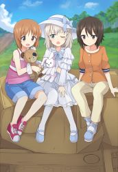 Rule 34 | 10s, 3girls, aged down, bandages, black hair, blue bow, blue shorts, boko (girls und panzer), bow, brown hair, buttons, cloud, day, denim, denim shorts, doll, dress, eyebrows, frilled dress, frills, girls und panzer, grey hair, hat, holding, holding doll, holding stuffed toy, itsumi erika, long sleeves, mary janes, military, military vehicle, mobu, motor vehicle, multiple girls, nishizumi maho, nishizumi miho, on vehicle, one eye closed, open mouth, orange hair, shirt, shoes, short hair, shorts, sitting, sleeveless, sleeveless shirt, smile, sneakers, stuffed animal, stuffed toy, tank, tank top, vehicle