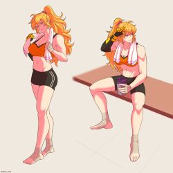 Rule 34 | 2girls, abs, absurdres, ahoge, bare shoulders, blonde hair, bottle, commentary, english commentary, hand in own hair, highres, holding, holding bottle, long hair, midriff, multiple girls, orange sports bra, ponytail, prosthesis, prosthetic arm, rwby, sitting, smile, sports bra, tagme, towel, towel around neck, yang xiao long, yellow nicky