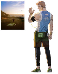 Rule 34 | 1boy, bare shoulders, commentary request, from behind, full body, green shorts, highres, leggings, light brown hair, looking at viewer, male focus, original, personification, photo inset, reference inset, rinotuna, shoes, short hair, shorts, sideburns, sleeveless, smile, sneakers, solo, toned, toned male